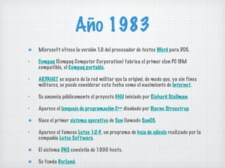 Año 1983 Microsoft ofrece la versión 1.0 del procesador de textos  Word  para DOS. Compaq  (Compaq Computer Corporation) fabrica el primer clon PC IBM compatible, el  Compaq portable . ARPANET  se separa de la red militar que la originó, de modo que, ya sin fines militares, se puede considerar esta fecha como el nacimiento de  Internet . Se anuncia públicamente el proyecto  GNU  iniciado por  Richard Stallman . Aparece el  lenguaje de programación C++  diseñado por  Bjarne Stroustrup . Nace el primer  sistema operativo  de  Sun  llamado  SunOS . Aparece el famoso  Lotus 1-2-3 , un programa de  hoja de cálculo  realizado por la compañía  Lotus Software . El sistema  DNS  consistía de 1000 hosts. Se funda  Borland . 
