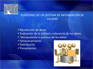 FUNCIONES DE UN SISTEMA DE INFORMACIÓN DE
CALIDAD
Recolección de datos
Evaluación de la calidad y relevancia de los datos
 Manipulación o proceso de los datos
Almacenamiento
Distribución
Presentación

 