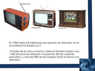 En 1986 había 3,8 habitantes por aparato de televisión, en la actualidad ha bajado a 3,1. A finales de los años ochenta, había en Estados Unidos unas 1.360 emisoras de televisión, incluyendo 305 de carácter educativo, y más del 98% de los hogares tenía al menos una televisión.