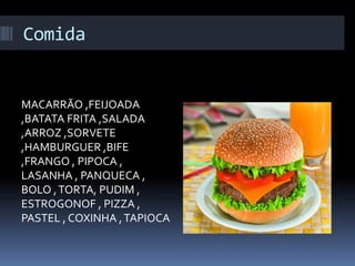 Comida
MACARRÃO ,FEIJOADA
,BATATA FRITA ,SALADA
,ARROZ ,SORVETE
,HAMBURGUER ,BIFE
,FRANGO , PIPOCA ,
LASANHA , PANQUECA ,
BOLO ,TORTA, PUDIM ,
ESTROGONOF , PIZZA ,
PASTEL , COXINHA ,TAPIOCA
 