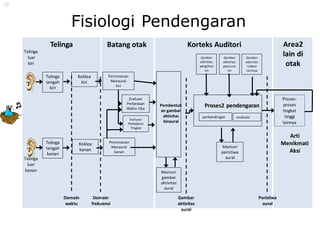 10
Telinga
tengah
kiri
Telinga
tengah
kanan
Koklea
kiri
Koklea
kanan
Pemrosesan
Monaural
kiri
Pemrosesan
Monaural
kanan
Evaluasi
Perbedaan
Waktu tiba
Pembentuk
an gambar
aktivitas
binaural
Memori
gambar
aktivitas
aural
Proses2 pendengaran
perbandingan evaluasi
Memori
peristiwa
aural
Gambar
aktivitas
pencium
an
Gambar
aktivitas
indera
lainnya
Gambar
aktivitas
penglihat
an
Proses-
proses
tingkat
tinggi
lainnya
Telinga Batang otak Korteks Auditori Area2
lain di
otak
Telinga
luar
kiri
Telinga
luar
kanan
Domain
waktu
Domain
frekuensi
Gambar
aktivitas
aural
Peristiwa
aural
Arti
Menikmati
Aksi
Evaluasi
Perbedaan
Tingkat
Fisiologi Pendengaran
 