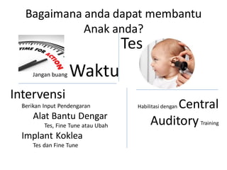 Bagaimana anda dapat membantu
Anak anda?
Jangan buang Waktu
Intervensi
Berikan Input Pendengaran
Alat Bantu Dengar
Tes, Fine Tune atau Ubah
Implant Koklea
Tes dan Fine Tune
Habilitasi dengan Central
AuditoryTraining
Tes
 