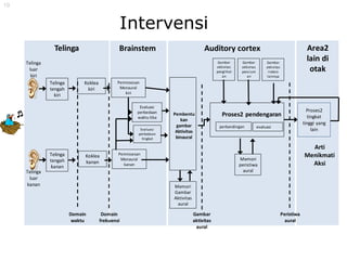 19
Telinga
tengah
kiri
Telinga
tengah
kanan
Koklea
kiri
Koklea
kanan
Pemrosesan
Monaural
kiri
Pemrosesan
Monaural
kanan
Evaluasi
perbedaan
waktu tiba
Pembentu
kan
gambar
Aktivitas
binaural
Memori
Gambar
Aktivitas
aural
Proses2 pendengaran
perbandingan evaluasi
Memori
peristiwa
aural
Gambar
aktivitas
pencium
an
Gambar
aktivitas
indera
lainnya
Gambar
aktivitas
penglihat
an
Proses2
tingkat
tinggi yang
lain
Telinga Brainstem Auditory cortex Area2
lain di
otak
Telinga
luar
kiri
Telinga
luar
kanan
Domain
waktu
Domain
frekuensi
Gambar
aktivitas
aural
Peristiwa
aural
Arti
Menikmati
Aksi
Evaluasi
perbedaan
tingkat
Intervensi
 