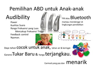 Pemilihan ABD untuk Anak-anak
Audibility
Power
Kualitas Suara
Range Frekuensi yang Luas
Mencakup Frekuensi Tinggi
Feedback control
Nyaman.
Daya tahan cocok untuk anak, tahan air & keringat
FM atau Bluetooth
mampu mendengar di
lingkungan pendidikan
Earmod yang pas dan menarik
GaransiTukar Baru & harga terjangkau.
 