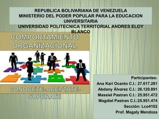 Participantes:
Ana Kari Ocanto C.I.: 27.617.281
Abdany Álvarez C.I.: 26.120.891
Massiel Pastran C.I.: 25.951.472
Magdiel Pastran C.I.:25.951.474
Sección: Lco4102
Prof. Magaly Mendoza
REPUBLICA BOLIVARIANA DE VENEZUELA
MINISTERIO DEL PODER POPULAR PARA LA EDUCACION
UNIVERSITARIA
UNIVERSIDAD POLITECNICA TERRITORIAL ANDRES ELOY
BLANCO
 