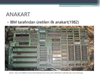 ANAKART
• IBM tarafından üretilen ilk anakart(1982)
Kaynak -- http://www.dijitaller.com/wp-content/uploads/2015/10/5150_early_motherboard_2048x1489-1024-x-744-1024x744.jpg
 