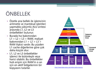 ÖNBELLEK
• Özetle ana bellek ile işlemcinin
aritmetik ve mantıksal işlemleri
yapmakla yükümlü ALU ünitesi
arasında L1, L2 ve L3
önbellekleri bulunur.
• Burada hız bakımından
L1 > L2 > L3 > RAM, maliyet
bakımından L1 > L2 > L3 >
RAM ilişkisi vardır. Bu yüzden
L1 cache diğerlerine göre çok
daha küçük olur.
• L1, L2 ve L3 önbeklekler
işlemci ile bütünleşik veya
harici olabilir. Bu önbellekler
hızlı erişim için RAM’in o an
için en aktif bölgelerinin bir
kopyasını tutarlar.
 