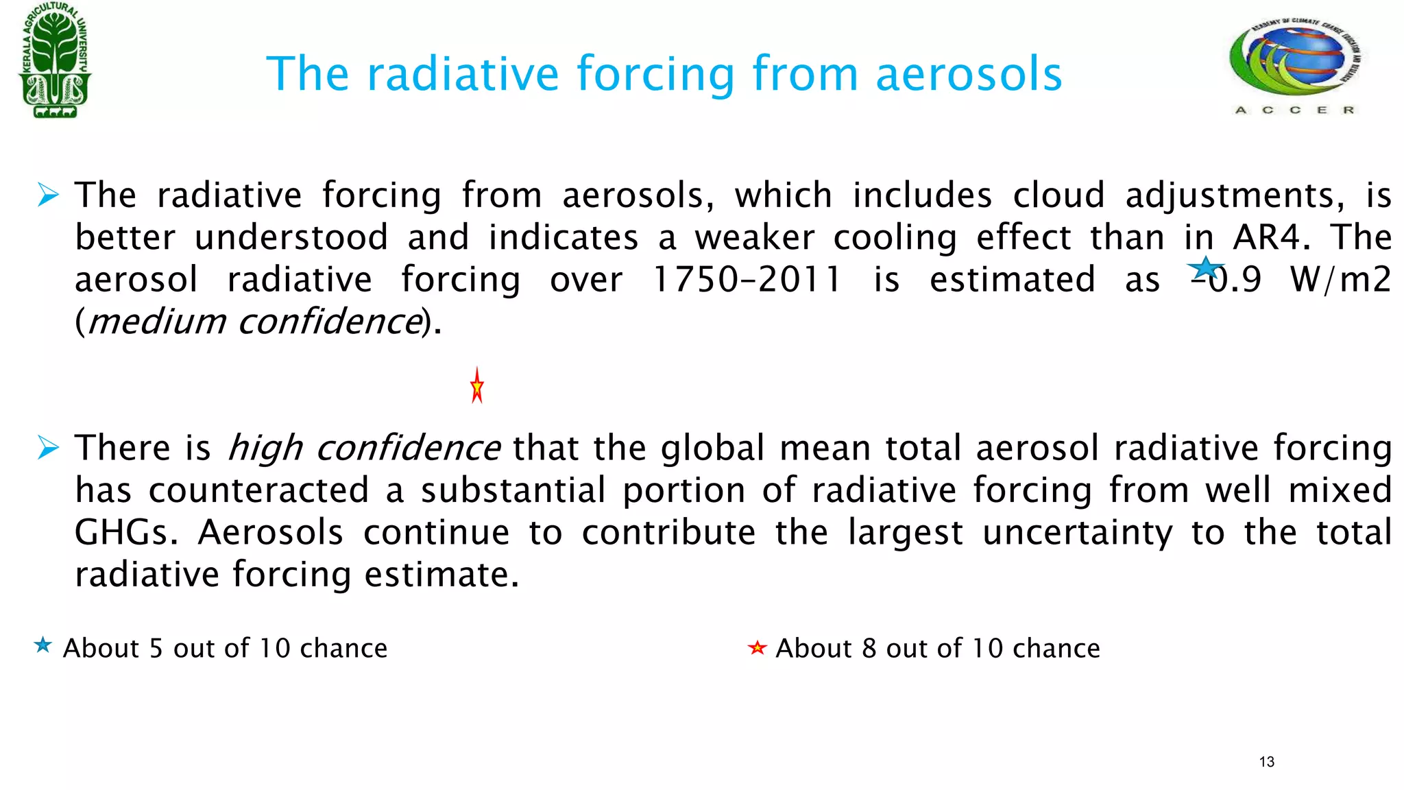  The radiative forcing from aerosols, which includes cloud adjustments, is
better understood and indicates a weaker cooling effect than in AR4. The
aerosol radiative forcing over 1750–2011 is estimated as –0.9 W/m2
(medium confidence).
 There is high confidence that the global mean total aerosol radiative forcing
has counteracted a substantial portion of radiative forcing from well mixed
GHGs. Aerosols continue to contribute the largest uncertainty to the total
radiative forcing estimate.
The radiative forcing from aerosols
About 5 out of 10 chance About 8 out of 10 chance
13
 