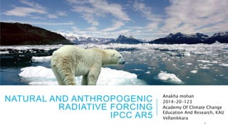 NATURAL AND ANTHROPOGENIC
RADIATIVE FORCING
IPCC AR5
Anakha mohan
2014-20-123
Academy Of Climate Change
Education And Research, KAU
Vellanikkara
1
 