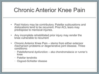 Noticed this after the injured knee has been held in one position for a while. I attempted to move the knee and gradually gained motion (very painful I must say).