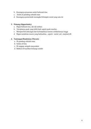 b. Kurangnya prasarana untuk berkreativitas.
   c. Selalu di pandang sebelah mata
   d. Kurangnya pemerintah merangkul klompok sosial yang satu ini


3. Peluang (Opportunity)
   a. Dapat berkrativitas, ide-ide terbaru
   b. Terciptanya punk yang lebih baik seperti punk muslim .
   c. Memperoleh dukungan dari kelompoknya karena solidaritasnya tinggi
   d. Dapat melahiran musisi yang berkualitas , seperti : netral ,sid , marjinal dll

4. Tantangan/Hambatan (Threats)
   a. Di pandang sebelah mata
   b. Selalu di hina
   c. Di anggap sampah masyarakat
   d. Bahkan di kucilkan keluarga sendiri




                                                                                       6
 