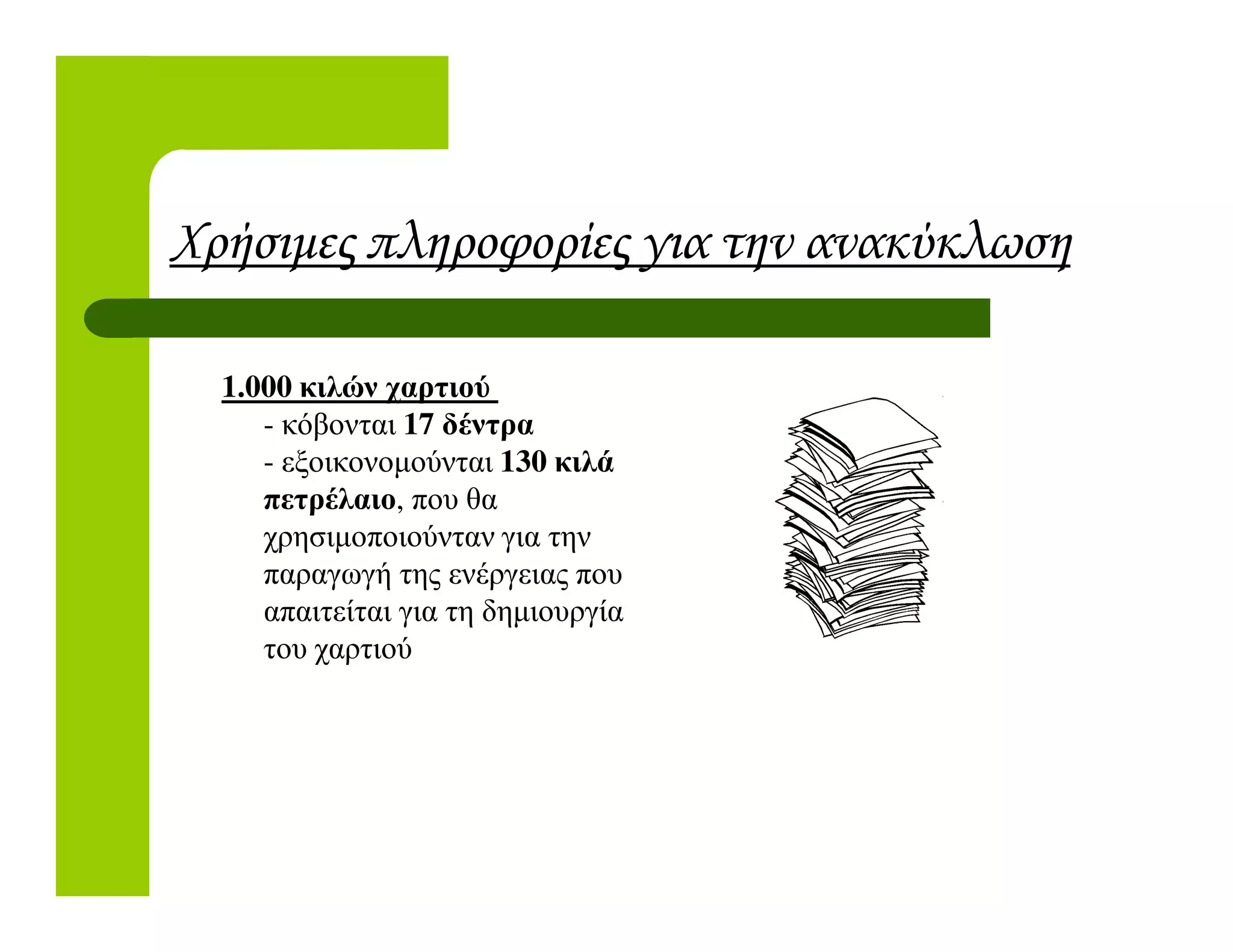 Χρήσιµες πληροφορίες για την ανακύκλωση
1.000 κιλών χαρτιού
- κόβονται 17 δέντρα
- εξοικονοµούνται 130 κιλά- εξοικονοµούνται 130 κιλά
πετρέλαιο, που θα
χρησιµοποιούνταν για την
παραγωγή της ενέργειας που
απαιτείται για τη δηµιουργία
του χαρτιού
 