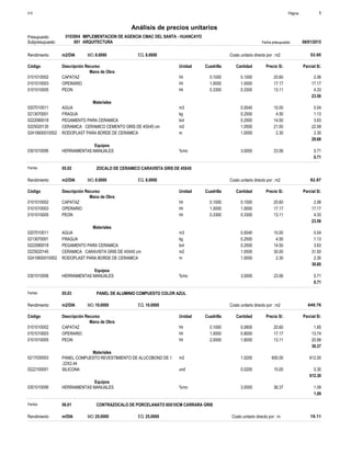 Página :S10 1
0103004Presupuesto IMPLEMENTACION DE AGENCIA CMAC DEL SANTA - HUANCAYO
Análisis de precios unitarios
Fecha presupuesto 08/01/2015001Subpresupuesto ARQUITECTURA
m2/DIA 8.0000Rendimiento Costo unitario directo por : m2 53.958.0000EQ.MO.
Unidad Cuadrilla Cantidad Precio S/.Código Descripción Recurso Parcial S/.
Mano de Obra
hh0101010002 0.1000 0.1000 2.0620.60CAPATAZ
hh0101010003 1.0000 1.0000 17.1717.17OPERARIO
hh0101010005 0.3300 0.3300 4.3313.11PEON
23.56
Materiales
m30207010011 0.0040 0.0410.00AGUA
kg0213070001 0.2500 1.134.50FRAGUA
bol0222080018 0.2500 3.6314.50PEGAMENTO PARA CERAMICA
m20225020135 1.0500 22.5821.50CERAMICA CERAMICO CEMENTO GRIS DE 45X45 cm
m02410600010002 1.0000 2.302.30RODOPLAST PARA BORDE DE CERAMICA
29.68
Equipos
%mo0301010006 3.0000 0.7123.56HERRAMIENTAS MANUALES
0.71
Partida 05.02 ZOCALO DE CERAMICO CARAVISTA GRIS DE 45X45
m2/DIA 8.0000Rendimiento Costo unitario directo por : m2 62.878.0000EQ.MO.
Unidad Cuadrilla Cantidad Precio S/.Código Descripción Recurso Parcial S/.
Mano de Obra
hh0101010002 0.1000 0.1000 2.0620.60CAPATAZ
hh0101010003 1.0000 1.0000 17.1717.17OPERARIO
hh0101010005 0.3300 0.3300 4.3313.11PEON
23.56
Materiales
m30207010011 0.0040 0.0410.00AGUA
kg0213070001 0.2500 1.134.50FRAGUA
bol0222080018 0.2500 3.6314.50PEGAMENTO PARA CERAMICA
m20225020140 1.0500 31.5030.00CERAMICA CARAVISTA GRIS DE 45X45 cm
m02410600010002 1.0000 2.302.30RODOPLAST PARA BORDE DE CERAMICA
38.60
Equipos
%mo0301010006 3.0000 0.7123.56HERRAMIENTAS MANUALES
0.71
Partida 05.03 PANEL DE ALUMINIO COMPUESTO COLOR AZUL
m2/DIA 10.0000Rendimiento Costo unitario directo por : m2 649.7610.0000EQ.MO.
Unidad Cuadrilla Cantidad Precio S/.Código Descripción Recurso Parcial S/.
Mano de Obra
hh0101010002 0.1000 0.0800 1.6520.60CAPATAZ
hh0101010003 1.0000 0.8000 13.7417.17OPERARIO
hh0101010005 2.0000 1.6000 20.9813.11PEON
36.37
Materiales
m20217030003 1.0200 612.00600.00PANEL COMPUESTO REVESTIMIENTO DE ALUCOBOND DE 1
.22X2.44
und0222100001 0.0200 0.3015.00SILICONA
612.30
Equipos
%mo0301010006 3.0000 1.0936.37HERRAMIENTAS MANUALES
1.09
Partida 06.01 CONTRAZOCALO DE PORCELANATO 60X10CM CARRARA GRIS
m/DIA 25.0000Rendimiento Costo unitario directo por : m 19.1125.0000EQ.MO.
 