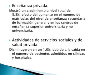    Enseñanza privada:
Mostró un crecimiento a nivel total de
 5.5%, efecto del aumento en el número de
 matrículas del nivel de enseñanza secundaria
 de formación general y en los centros de
 enseñanza superior universitaria y no
 universitaria.

   Actividades de servicios sociales y de
    salud privada:
Disminuyeron en un 1.0%, debido a la caída en
 el número de pacientes admitidos en clínicas
 y hospitales.
 