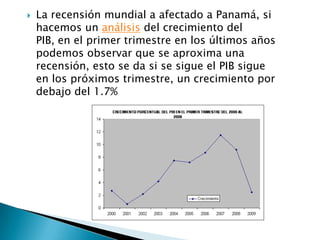    La recensión mundial a afectado a Panamá, si
    hacemos un análisis del crecimiento del
    PIB, en el primer trimestre en los últimos años
    podemos observar que se aproxima una
    recensión, esto se da si se sigue el PIB sigue
    en los próximos trimestre, un crecimiento por
    debajo del 1.7%
 