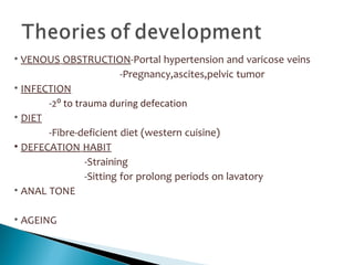 • VENOUS OBSTRUCTION-Portal hypertension and varicose veins
-Pregnancy,ascites,pelvic tumor
• INFECTION
-2⁰ to trauma during defecation
• DIET
-Fibre-deficient diet (western cuisine)
• DEFECATION HABIT
-Straining
-Sitting for prolong periods on lavatory
• ANAL TONE
• AGEING
 