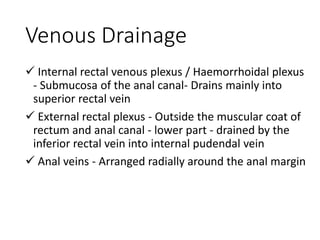 Venous Drainage
 Internal rectal venous plexus / Haemorrhoidal plexus
- Submucosa of the anal canal- Drains mainly into
superior rectal vein
 External rectal plexus - Outside the muscular coat of
rectum and anal canal - lower part - drained by the
inferior rectal vein into internal pudendal vein
 Anal veins - Arranged radially around the anal margin
 