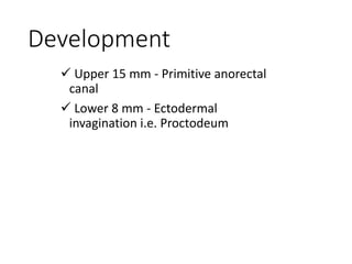 Development
 Upper 15 mm - Primitive anorectal
canal
 Lower 8 mm - Ectodermal
invagination i.e. Proctodeum
 