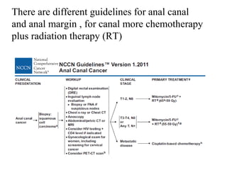 There are different guidelines for anal canal
and anal margin , for canal more chemotherapy
plus radiation therapy (RT)
 