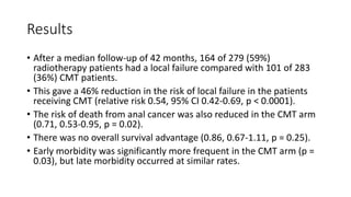 Results
• After a median follow-up of 42 months, 164 of 279 (59%)
radiotherapy patients had a local failure compared with 101 of 283
(36%) CMT patients.
• This gave a 46% reduction in the risk of local failure in the patients
receiving CMT (relative risk 0.54, 95% CI 0.42-0.69, p < 0.0001).
• The risk of death from anal cancer was also reduced in the CMT arm
(0.71, 0.53-0.95, p = 0.02).
• There was no overall survival advantage (0.86, 0.67-1.11, p = 0.25).
• Early morbidity was significantly more frequent in the CMT arm (p =
0.03), but late morbidity occurred at similar rates.
 