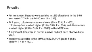 Results
• Posttreatment biopsies were positive in 15% of patients in the 5-FU
arm versus 7.7% in the MMC arm (P = .135).
• At 4 years, colostomy rates were lower (9% v 22%; P = .002),
colostomy-free survival higher (71% v 59%; P = .014), and disease-free
survival higher (73% v 51%; P = .0003) in the MMC arm.
• A significant difference in overall survival had not been observed at 4
years.
• Toxicity was greater in the MMC arm (23% v 7% grade 4 and 5
toxicity; P < or = .001).
 