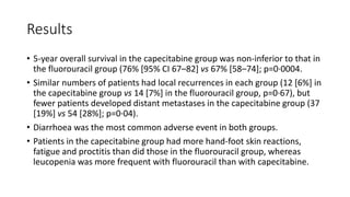 Results
• 5-year overall survival in the capecitabine group was non-inferior to that in
the fluorouracil group (76% [95% CI 67–82] vs 67% [58–74]; p=0·0004.
• Similar numbers of patients had local recurrences in each group (12 [6%] in
the capecitabine group vs 14 [7%] in the fluorouracil group, p=0·67), but
fewer patients developed distant metastases in the capecitabine group (37
[19%] vs 54 [28%]; p=0·04).
• Diarrhoea was the most common adverse event in both groups.
• Patients in the capecitabine group had more hand-foot skin reactions,
fatigue and proctitis than did those in the fluorouracil group, whereas
leucopenia was more frequent with fluorouracil than with capecitabine.
 