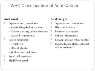 WHO Classification of Anal Cancer
Anal canal
 Squamous cell carcinoma
- Keratinizing (below dentate)
- Nonkeratinizing (above dentate)
- Basaloid (transitional)
 Adenocarcinoma
- Rectal type
- Of anal glands
- Within anorectal fistula
 Small cell carcinoma
 Undifferentiated
Anal margin
 Squamous cell carcinoma
 Giant condyloma
 Basal cell carcinoma
 Others (Melanoma)
 Bowen's disease (SCC in situ)
 Paget's disease (Intraepithelial
adenocarcinoma)
 
