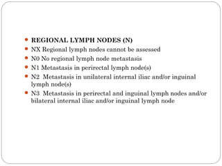  REGIONAL LYMPH NODES (N)
 NX Regional lymph nodes cannot be assessed
 N0 No regional lymph node metastasis
 N1 Metastasis in perirectal lymph node(s)
 N2 Metastasis in unilateral internal iliac and/or inguinal
lymph node(s)
 N3 Metastasis in perirectal and inguinal lymph nodes and/or
bilateral internal iliac and/or inguinal lymph node
 