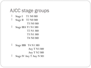 AJCC stage groups
 Stage I T1 N0 M0
 Stage II T2 N0 M0
T3 N0 M0
 Stage IIIA T1 N1 M0
T2 N1 M0
T3 N1 M0
T4 N0 M0
 Stage IIIB T4 N1 M0
Any T N3 M0
Any T N2 M0
 Stage IV Any T Any N M1
 