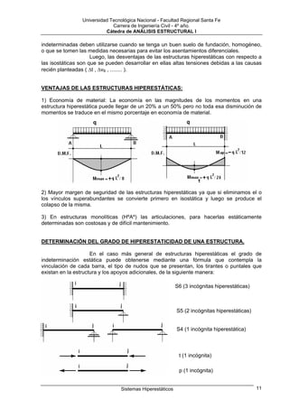 Universidad Tecnológica Nacional - Facultad Regional Santa Fe
                              Carrera de Ingeniería Civil - 4º año.
                           Cátedra de ANÁLISIS ESTRUCTURAL I

indeterminadas deben utilizarse cuando se tenga un buen suelo de fundación, homogéneo,
o que se tomen las medidas necesarias para evitar los asentamientos diferenciales.
                     Luego, las desventajas de las estructuras hiperestáticas con respecto a
las isostáticas son que se pueden desarrollar en ellas altas tensiones debidas a las causas
recién planteadas ( ∆t , ∆vB , ........ ).


VENTAJAS DE LAS ESTRUCTURAS HIPERESTÁTICAS:

1) Economía de material: La economía en las magnitudes de los momentos en una
estructura hiperestática puede llegar de un 20% a un 50% pero no toda esa disminución de
momentos se traduce en el mismo porcentaje en economía de material.




2) Mayor margen de seguridad de las estructuras hiperestáticas ya que si eliminamos el o
los vínculos superabundantes se convierte primero en isostática y luego se produce el
colapso de la misma.

3) En estructuras monolíticas (HºAº) las articulaciones, para hacerlas estáticamente
determinadas son costosas y de difícil mantenimiento.


DETERMINACIÓN DEL GRADO DE HIPERESTATICIDAD DE UNA ESTRUCTURA.

                     En el caso más general de estructuras hiperestáticas el grado de
indeterminación estática puede obtenerse mediante una fórmula que contempla la
vinculación de cada barra, el tipo de nudos que se presentan, los tirantes o puntales que
existan en la estructura y los apoyos adicionales, de la siguiente manera:

                                                            S6 (3 incógnitas hiperestáticas)



                                                            S5 (2 incógnitas hiperestáticas)


                                                            S4 (1 incógnita hiperestática)



                                                             t (1 incógnita)

                                                             p (1 incógnita)


                                  Sistemas Hiperestáticos                                      11
 