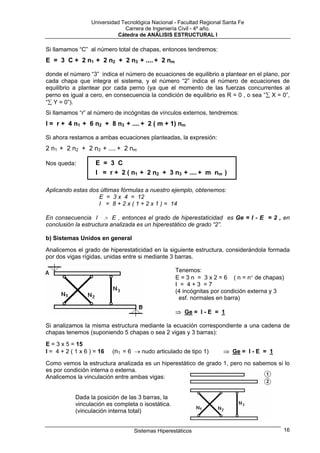 Universidad Tecnológica Nacional - Facultad Regional Santa Fe
                               Carrera de Ingeniería Civil - 4º año.
                            Cátedra de ANÁLISIS ESTRUCTURAL I

Si llamamos “C” al número total de chapas, entonces tendremos:
E = 3 C + 2 n1 + 2 n2 + 2 n3 + .... + 2 nm

donde el número “3” indica el número de ecuaciones de equilibrio a plantear en el plano, por
cada chapa que integra el sistema, y el número “2” indica el número de ecuaciones de
equilibrio a plantear por cada perno (ya que el momento de las fuerzas concurrentes al
perno es igual a cero, en consecuencia la condición de equilibrio es R = 0 , o sea “∑ X = 0”,
“∑ Y = 0”).
Si llamamos “r” al número de incógnitas de vínculos externos, tendremos:
I = r + 4 n1 + 6 n2 + 8 n3 + .... + 2 ( m + 1) nm

Si ahora restamos a ambas ecuaciones planteadas, la expresión:
2 n1 + 2 n2 + 2 n3 + .... + 2 nm

Nos queda:          E = 3 C
                    I = r + 2 ( n1 + 2 n2 + 3 n3 + .... + m nm )

Aplicando estas dos últimas fórmulas a nuestro ejemplo, obtenemos:
                   E = 3 x 4 = 12
                   I = 8 + 2 x ( 1 + 2 x 1 ) = 14

En consecuencia I > E , entonces el grado de hiperestaticidad es Ge = I - E = 2 , en
conclusión la estructura analizada es un hiperestático de grado “2”.

b) Sistemas Unidos en general
Analicemos el grado de hiperestaticidad en la siguiente estructura, considerándola formada
por dos vigas rígidas, unidas entre si mediante 3 barras.

                                                    Tenemos:
                                                    E = 3 n = 3 x 2 = 6 ( n = n° de chapas)
                                                    I = 4+3 =7
                                                    (4 incógnitas por condición externa y 3
                                                      esf. normales en barra)

                                                    ⇒ Ge = I - E = 1

Si analizamos la misma estructura mediante la ecuación correspondiente a una cadena de
chapas tenemos (suponiendo 5 chapas o sea 2 vigas y 3 barras):
E = 3 x 5 = 15
I = 4 + 2 ( 1 x 6 ) = 16   (n1 = 6 → nudo articulado de tipo 1)       ⇒ Ge = I - E = 1

Como vemos la estructura analizada es un hiperestático de grado 1, pero no sabemos si lo
es por condición interna o externa.
Analicemos la vinculación entre ambas vigas:


            Dada la posición de las 3 barras, la
            vinculación es completa o isostática.
            (vinculación interna total)


                                   Sistemas Hiperestáticos                                16
 