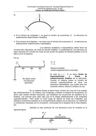 Universidad Tecnológica Nacional - Facultad Regional Santa Fe
                                 Carrera de Ingeniería Civil - 4º año.
                              Cátedra de ANÁLISIS ESTRUCTURAL I

Ej.:




♦ Si el número de incógnitas, I, es igual al número de ecuaciones, E, : la estructura es
  estáticamente determinada o isostática.

♦ Si el número de incógnitas, I, es mayor que el número de ecuaciones, E, : la estructura es
  estáticamente indeterminada o hiperestática.

                                Los sistemas isostáticos e hiperestáticos deben tener los
vínculos bien dispuestos, de modo de resultar estables. La estabilidad de una estructura se
logra ubicando los vínculos de modo tal que anulen los grados de libertad posibles (3 en el
plano y 6 en el espacio).

Por ej.:

                                                   E=3
                                                   I =4

                                                  Sistema inestable
                                                  (existe desplazamiento horizontal).

                                                  El valor Ge = I - E se llama Grado de
                                                  Hiperestaticidad        o      Grado        de
            No deben existir                      Indeterminación Estática de la estructura.
             vinculaciones                        Cuando un sistema posee un número de
              aparentes                           vínculos superabundantes se tiene una
                                                  estructura hiperestática, que puede serlo por
                                                  condición interna, externa o ambas a la vez.

                      En un sistema donde se tiene mayor número de I que de E se pueden
fijar arbitrariamente (I - E) valores a las incógnitas y resolver el sistema de ecuaciones. En
dicho caso existen infinitas soluciones, que satisfacen las ecuaciones de equilibrio de la
Estática, una solución para cada valor que se le asigne arbitrariamente a las incógnitas
superabundantes. Pero existe un único juego de valores de todas las incógnitas, que
satisface condiciones basadas en el comportamiento elástico de la estructura, en referencia
a condiciones impuestas por la vinculación, continuidad de la tangente de la línea elástica,
etc.
                       Aplicado al caso particular de una estructura como se muestra en la
siguiente figura:




                                     Sistemas Hiperestáticos                                  5
 