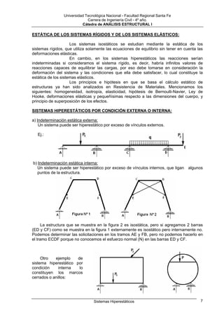 Universidad Tecnológica Nacional - Facultad Regional Santa Fe
                              Carrera de Ingeniería Civil - 4º año.
                           Cátedra de ANÁLISIS ESTRUCTURAL I

ESTÁTICA DE LOS SISTEMAS RÍGIDOS Y DE LOS SISTEMAS ELÁSTICOS:

                     Los sistemas isostáticos se estudian mediante la estática de los
sistemas rígidos, que utiliza solamente las ecuaciones de equilibrio sin tener en cuenta las
deformaciones elásticas.
                     En cambio, en los sistemas hiperestáticos las reacciones serían
indeterminadas si consideramos el sistema rígido, es decir, habría infinitos valores de
reacciones capaces de equilibrar las cargas, por eso debe tomarse en consideración la
deformación del sistema y las condiciones que ella debe satisfacer, lo cual constituye la
estática de los sistemas elásticos.
                     Los principios e hipótesis en que se basa el cálculo estático de
estructuras ya han sido analizados en Resistencia de Materiales. Mencionamos los
siguientes: homogeneidad, isotropía, elasticidad, hipótesis de Bernoulli-Navier, Ley de
Hooke, deformaciones elásticas y pequeñísimas respecto a las dimensiones del cuerpo, y
principio de superposición de los efectos.

SISTEMAS HIPERESTÁTICOS POR CONDICIÓN EXTERNA O INTERNA:

a) Indeterminación estática externa:
    Un sistema puede ser hiperestático por exceso de vínculos externos.

   Ej.:




b) Indeterminación estática interna:
  Un sistema puede ser hiperestático por exceso de vínculos internos, que ligan     algunos
  puntos de la estructura.




     La estructura que se muestra en la figura 2 es isostática, pero si agregamos 2 barras
(ED y CF) como se muestra en la figura 1 externamente es isostático pero internamente no.
Podemos determinar las solicitaciones en los tramos AE y FB, pero no podemos hacerlo en
el tramo ECDF porque no conocemos el esfuerzo normal (N) en las barras ED y CF.



     Otro   ejemplo    de
sistema hiperestático por
condición     interna   lo
constituyen los marcos
cerrados o anillos:




                                  Sistemas Hiperestáticos                                 7
 
