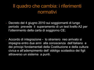 - Decreto del 4 giugno 2010 sui soggiornanti di lungo
periodo prevede il superamento di un test livello A2 per
l‟ottenimento della carta di soggiorno CE;
- Accordo di integrazione - lo straniero neo arrivato si
impegna entro due anni alla conoscenza dell‟italiano e
dei principi fondamentali della Costituzione e della cultura
civica e all‟adempimento dell‟ obbligo scolastico dei figli
attraverso un sistema a punti.
 