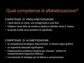 COMPETENZE DI PREALFABETIZZAZIONE:
 i testi hanno un inizio, uno svolgimento e una fine;
 l'italiano viene letto da sinistra a destra e dall'alto verso il basso;
 le parole scritte sono portatrici di significato.
COMPETENZE DI ALFABETIZZAZIONE:
 la competenza fonologica (discriminare in fonemi segni grafici);
 un repertorio lessicale significativo;
 l‟elaborazione sintattica induttiva per ricavare “schemi di
comportamento linguistico”(Minuz)
 l‟avviamento di strategie per la lettura e comprensione.
 