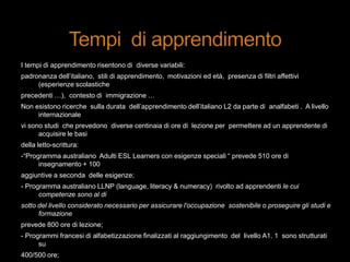 I tempi di apprendimento risentono di diverse variabili:
padronanza dell‟italiano, stili di apprendimento, motivazioni ed età, presenza di filtri affettivi
(esperienze scolastiche
precedenti …), contesto di immigrazione …
Non esistono ricerche sulla durata dell‟apprendimento dell‟italiano L2 da parte di analfabeti . A livello
internazionale
vi sono studi che prevedono diverse centinaia di ore di lezione per permettere ad un apprendente di
acquisire le basi
della letto-scrittura:
-“Programma australiano Adulti ESL Learners con esigenze speciali “ prevede 510 ore di
insegnamento + 100
aggiuntive a seconda delle esigenze;
- Programma australiano LLNP (language, literacy & numeracy) rivolto ad apprendenti le cui
competenze sono al di
sotto del livello considerato necessario per assicurare l'occupazione sostenibile o proseguire gli studi e
formazione
prevede 800 ore di lezione;
- Programmi francesi di alfabetizzazione finalizzati al raggiungimento del livello A1. 1 sono strutturati
su
400/500 ore;
 