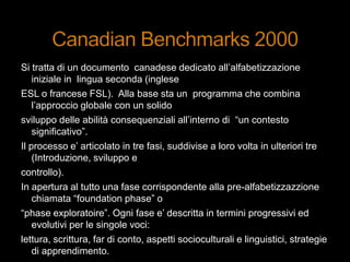 Si tratta di un documento canadese dedicato all‟alfabetizzazione
iniziale in lingua seconda (inglese
ESL o francese FSL). Alla base sta un programma che combina
l‟approccio globale con un solido
sviluppo delle abilità consequenziali all‟interno di “un contesto
significativo”.
Il processo e‟ articolato in tre fasi, suddivise a loro volta in ulteriori tre
(Introduzione, sviluppo e
controllo).
In apertura al tutto una fase corrispondente alla pre-alfabetizzazzione
chiamata “foundation phase” o
“phase exploratoire”. Ogni fase e‟ descritta in termini progressivi ed
evolutivi per le singole voci:
lettura, scrittura, far di conto, aspetti socioculturali e linguistici, strategie
di apprendimento.
 