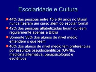 Escolaridade e Cultura
44% das pessoas entre 15 e 64 anos no Brasil
nunca fizeram um curso além do escolar formal
42% das pessoas alfabetizadas leram ou lêem
regularmente apenas a Bíblia
Somente 30% dos alunos de nível médio
entendem o que lêem
46% dos alunos de nível médio têm preferências
por assuntos pseudocientíficos (OVNIs,
medicina alternativa, parapsicologia) e
esotéricos
 