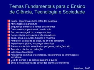 Temas Fundamentais para o Ensino
de Ciência, Tecnologia e Sociedade
Saúde, segurança e bem-estar das pessoas
Alimentação e agricultura
Segurança alimentar e fontes de alimentos
Crescimento populacional, uso do solo
Recursos energéticos, energia nuclear
Combustíveis renováveis e não renováveis
Terra, água e recursos hídricos e minerais
Ambiente, qualidade da água. do ar e da atmosfera
Aquecimento global, mudanças climáticas
Riscos ambientais: substâncias perigosas, radiações, etc.
Animais e plantas em extinção
Indústria e tecnologia
Autonomia científica e tecnológica, transferência de informação e
tecnologia
Uso da ciência e da tecnologia para a guerra
Ética e responsabilidade social dos cientistas e técnicos

                                                            Mortimer, 2000
 