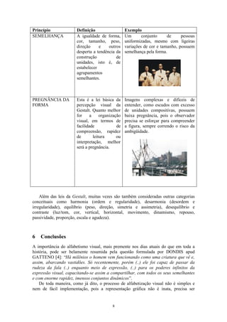 Princípio              Definição                   Exemplo
SEMELHANÇA             A igualdade de forma,       Um       conjunto     de     pessoas
                       cor, tamanho, peso,         uniformizadas, mesmo com ligeiras
                       direção     e    outros     variações de cor e tamanho, possuem
                       desperta a tendência da     semelhança pela forma.
                       construção           de
                       unidades, isto é, de
                       estabelecer
                       agrupamentos
                       semelhantes.



PREGNÂNCIA DA          Esta é a lei básica da      Imagens complexas e difíceis de
FORMA                  percepção visual da         entender, como escudos com excesso
                       Gestalt. Quanto melhor      de unidades compositivas, possuem
                       for     a     organização   baixa pregnância, pois o observador
                       visual, em termos de        precisa se esforçar para compreender
                       facilidade             de   a figura, sempre correndo o risco da
                       compreensão, rapidez        ambigüidade.
                       de        leitura      ou
                       interpretação, melhor
                       será a pregnância.




    Além das leis da Gestalt, muitas vezes são também consideradas outras categorias
conceituais como harmonia (ordem e regularidade), desarmonia (desordem e
irregularidade), equilíbrio (peso, direção, simetria e assimetria), desequilíbrio e
contraste (luz/tom, cor, vertical, horizontal, movimento, dinamismo, repouso,
passividade, proporção, escala e agudeza).



6   Conclusões
A importância do alfabetismo visual, mais premente nos dias atuais do que em toda a
história, pode ser belamente resumida pela questão formulada por DONDIS apud
GATTENO [4]: “Há milênios o homem vem funcionando como uma criatura que vê e,
assim, abarcando vastidões. Só recentemente, porém (..) ele foi capaz de passar da
rudeza da fala (..) enquanto meio de expressão, (..) para os poderes infinitos da
expressão visual, capacitando-se assim a compartilhar, com todos os seus semelhantes
e com enorme rapidez, imensos conjuntos dinâmicos”.
    De toda maneira, como já dito, o processo de alfabetização visual não é simples e
nem de fácil implementação, pois a representação gráfica não é inata, precisa ser


                                           8
 