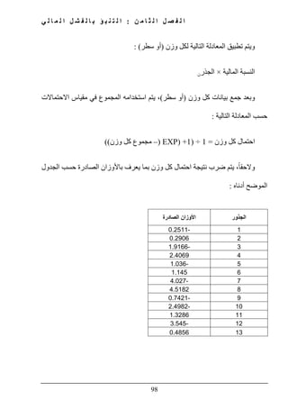‫ن‬ ‫م‬ ‫ا‬ ‫ث‬ ‫ل‬ ‫ا‬ ‫ل‬ ‫ص‬ ‫ف‬ ‫ل‬ ‫ا‬:‫ي‬ ‫ل‬ ‫ا‬ ‫م‬ ‫ل‬ ‫ا‬ ‫ل‬ ‫ش‬ ‫ف‬ ‫ل‬ ‫ا‬ ‫ب‬ ‫ؤ‬ ‫ب‬ ‫ن‬ ‫ت‬ ‫ل‬ ‫ا‬
98
‫لكل‬ ‫التالية‬ ‫المعادلة‬ ‫تطبيق‬ ‫ويتم‬‫وزن‬)‫سطر‬ ‫أو‬(:
‫المالية‬ ‫النسبة‬×‫الجذر‬‫ن‬
‫وبعد‬‫وزن‬ ‫كل‬ ‫بيانات‬ ‫جمع‬)‫سطر‬ ‫أو‬(‫استخدامه‬ ‫يتم‬ ،‫المجموع‬‫االحتماالت‬ ‫مقياس‬ ‫في‬
‫التالية‬ ‫المعادلة‬ ‫حسب‬:
‫احتمال‬‫كل‬‫وزن‬=1÷)1) +EXP)–‫وزن‬ ‫كل‬ ‫مجموع‬((
ً‫ا‬‫والحق‬،‫احتمال‬ ‫نتيجة‬ ‫ضرب‬ ‫يتم‬‫وزن‬ ‫كل‬‫يعرف‬ ‫بما‬‫الجدول‬ ‫حسب‬ ‫الصادرة‬ ‫باألوزان‬
‫أدناه‬ ‫الموضح‬:
‫الجذور‬‫الصادرة‬ ‫األوزان‬
1-0.2511
20.2906
3-1.9166
42.4069
5-1.036
61.145
7-4.027
84.5182
9-0.7421
10-2.4982
111.3286
12-3.545
130.4856
 