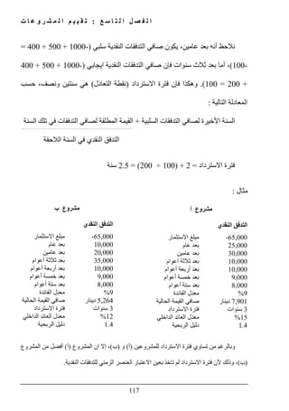 ‫ع‬ ‫س‬ ‫ا‬ ‫ت‬ ‫ل‬ ‫ا‬ ‫ل‬ ‫ص‬ ‫ف‬ ‫ل‬ ‫ا‬:‫ت‬ ‫ا‬ ‫ع‬ ‫و‬ ‫ر‬ ‫ش‬ ‫م‬ ‫ل‬ ‫ا‬ ‫م‬ ‫ي‬ ‫ي‬ ‫ق‬ ‫ت‬
117
‫نالحظ‬‫سلبي‬ ‫النقدية‬ ‫التدفقات‬ ‫صافي‬ ‫يكون‬ ،‫عامين‬ ‫بعد‬ ‫أنه‬)-1000+500+400=
-100(‫ايجابي‬ ‫النقدية‬ ‫التدفقات‬ ‫صافي‬ ‫فإن‬ ‫سنوات‬ ‫ثالث‬ ‫بعد‬ ‫أما‬ ،)-1000+500+400
+200=100.(‫االسترداد‬ ‫فترة‬ ‫فإن‬ ‫وھكذا‬)‫التعادل‬ ‫نقطة‬(‫حسب‬ ،‫ونصف‬ ‫سنتين‬ ‫ھي‬
‫التالية‬ ‫المعادلة‬:
‫ل‬ ‫األخيرة‬ ‫السنة‬‫السلبية‬ ‫التدفقات‬ ‫صافي‬+‫السنة‬ ‫تلك‬ ‫في‬ ‫التدفقات‬ ‫لصافي‬ ‫المطلقة‬ ‫القيمة‬
‫الالحقة‬ ‫السنة‬ ‫في‬ ‫النقدي‬ ‫التدفق‬
‫االسترداد‬ ‫فترة‬=2) +100÷200= (2.5‫سنة‬
‫مثال‬:
‫و‬‫للمشروعين‬ ‫االسترداد‬ ‫فترة‬ ‫تساوي‬ ‫من‬ ‫بالرغم‬)‫أ‬(‫و‬)‫ب‬(‫المشروع‬ ‫ان‬ ‫إال‬ ،)‫أ‬(‫المشروع‬ ‫من‬ ‫أفضل‬
)‫ب‬(‫للتدفقات‬ ‫الزمني‬ ‫العنصر‬ ‫االعتبار‬ ‫بعين‬ ‫تاخذ‬ ‫لم‬ ‫االسترداد‬ ‫فترة‬ ‫ألن‬ ‫وذلك‬ ،‫النقدية‬.
‫أ‬ ‫مشروع‬
‫النقدي‬ ‫التدفق‬
‫االستثمار‬ ‫مبلغ‬ -65,000
‫عام‬ ‫بعد‬ 25,000
‫عامين‬ ‫بعد‬ 30,000
‫أعوام‬ ‫ثالثة‬ ‫بعد‬ 10,000
‫أعوام‬ ‫أربعة‬ ‫بعد‬ 10,000
‫أعوام‬ ‫خمسة‬ ‫بعد‬ 9,000
‫أعوام‬ ‫ستة‬ ‫بعد‬ 8,000
‫الفائدة‬ ‫معدل‬ 9%
‫صافي‬‫الحالية‬ ‫القيمة‬ 7,901‫دينار‬
‫االسترداد‬ ‫فترة‬ 3‫سنوات‬
‫الداخلي‬ ‫العائد‬ ‫معدل‬ 15%
‫الربحية‬ ‫دليل‬ 1.4
‫مشروع‬‫ب‬
‫النقدي‬ ‫التدفق‬
‫االستثمار‬ ‫مبلغ‬ -65,000
‫عام‬ ‫بعد‬ 10,000
‫عامين‬ ‫بعد‬ 20,000
‫أعوام‬ ‫ثالثة‬ ‫بعد‬ 35,000
‫أعوام‬ ‫أربعة‬ ‫بعد‬ 10,000
‫أعوام‬ ‫خمسة‬ ‫بعد‬ 9,000
‫أعوام‬ ‫ستة‬ ‫بعد‬ 8,000
‫الفائدة‬ ‫معدل‬ 9%
‫صافي‬‫الحالية‬ ‫القيمة‬ ‫دينار‬ 5,264
‫االسترداد‬ ‫فترة‬ 3‫سنوات‬
‫الع‬ ‫معدل‬‫الداخلي‬ ‫ائد‬ 12%
‫الربحية‬ ‫دليل‬ 1.4
 