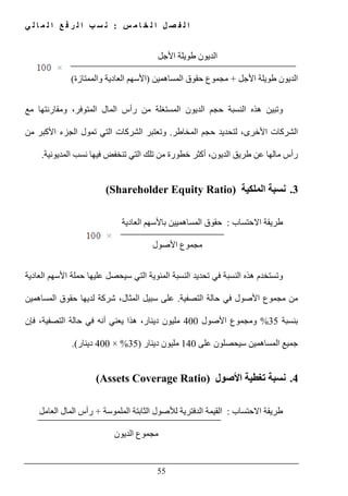 ‫س‬ ‫م‬ ‫ا‬ ‫خ‬ ‫ل‬ ‫ا‬ ‫ل‬ ‫ص‬ ‫ف‬ ‫ل‬ ‫ا‬:‫ي‬ ‫ل‬ ‫ا‬ ‫م‬ ‫ل‬ ‫ا‬ ‫ع‬ ‫ف‬ ‫ر‬ ‫ل‬ ‫ا‬ ‫ب‬ ‫س‬ ‫ن‬
55
‫األجل‬ ‫طويلة‬ ‫الديون‬
‫الدي‬‫األجل‬ ‫طويلة‬ ‫ون‬+‫مجموع‬‫المساھمين‬ ‫حقوق‬)‫ا‬‫والممتازة‬ ‫العادية‬ ‫ألسھم‬(
‫النسبة‬ ‫ھذه‬ ‫وتبين‬‫حجم‬‫مع‬ ‫ومقارنتھا‬ ،‫المتوفر‬ ‫المال‬ ‫رأس‬ ‫من‬ ‫المستغلة‬ ‫الديون‬
‫المخاطر‬ ‫حجم‬ ‫لتحديد‬ ،‫األخرى‬ ‫الشركات‬.‫و‬‫من‬ ‫األكبر‬ ‫الجزء‬ ‫تمول‬ ‫التي‬ ‫الشركات‬ ‫تعتبر‬
‫ت‬ ‫من‬ ‫خطورة‬ ‫أكثر‬ ،‫الديون‬ ‫طريق‬ ‫عن‬ ‫مالھا‬ ‫رأس‬‫المديونية‬ ‫نسب‬ ‫فيھا‬ ‫تنخفض‬ ‫التي‬ ‫لك‬.
3.‫الملكية‬ ‫نسبة‬(Shareholder Equity Ratio)
‫االحتساب‬ ‫طريقة‬:‫المساھميين‬ ‫حقوق‬‫العادية‬ ‫باألسھم‬
‫مجموع‬‫األصول‬
‫الع‬ ‫األسھم‬ ‫حملة‬ ‫عليھا‬ ‫سيحصل‬ ‫التي‬ ‫المئوية‬ ‫النسبة‬ ‫تحديد‬ ‫في‬ ‫النسبة‬ ‫ھذه‬ ‫وتستخدم‬‫ادية‬
‫من‬‫مجموع‬‫التصفية‬ ‫حالة‬ ‫في‬ ‫األصول‬.‫المساھمين‬ ‫حقوق‬ ‫لديھا‬ ‫شركة‬ ،‫المثال‬ ‫سبيل‬ ‫على‬
‫ب‬‫نسبة‬35%‫األصول‬ ‫ومجموع‬400‫فإن‬ ،‫التصفية‬ ‫حالة‬ ‫في‬ ‫أنه‬ ‫يعني‬ ‫ھذا‬ ،‫دينار‬ ‫مليون‬
‫على‬ ‫سيحصلون‬ ‫المساھمين‬ ‫جميع‬140‫دينار‬ ‫مليون‬)35%×400‫دينار‬.(
4.‫األصول‬ ‫تغطية‬ ‫نسبة‬(Assets Coverage Ratio)
‫االحتساب‬ ‫طريقة‬:‫الملموسة‬ ‫الثابتة‬ ‫لألصول‬ ‫الدفترية‬ ‫القيمة‬+‫العامل‬ ‫المال‬ ‫رأس‬
‫مجموع‬‫الديون‬
 