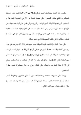 ‫ع‬ ‫ب‬ ‫ا‬ ‫س‬ ‫ل‬ ‫ا‬ ‫ل‬ ‫ص‬ ‫ف‬ ‫ل‬ ‫ا‬:‫ق‬ ‫و‬ ‫س‬ ‫ل‬ ‫ا‬ ‫ب‬ ‫س‬ ‫ن‬
67
‫و‬‫السعر‬ ‫بمضاعف‬ ‫النسبة‬ ‫ھذه‬ ‫تسمى‬(Price Multiple)‫إستعداد‬ ‫مدى‬ ‫تظھر‬ ‫ألنھا‬ ،
‫من‬ ‫نسبية‬ ‫حصة‬ ‫على‬ ‫الحصول‬ ‫مقابل‬ ‫للدفع‬ ‫المستثمرين‬‫أو‬ ‫الموزعة‬ ‫السنوية‬ ‫األرباح‬
‫من‬ ‫سنوات‬ ‫عدة‬ ‫أنھا‬ ‫على‬ ‫تفسر‬ ‫أن‬ ‫يمكن‬ ‫والتي‬ ،‫الواحد‬ ‫للسھم‬ ‫الشركة‬ ‫تجنيھا‬ ‫التي‬ ‫المحتجزة‬
‫الشراء‬ ‫ثمن‬ ‫لتسديد‬ ‫األرباح‬.‫التقييم‬ ‫في‬ ‫تستخدم‬ ‫مالية‬ ‫نسبة‬ ‫وھي‬:‫القيمة‬ ‫نسبة‬ ‫كانت‬ ‫فإذا‬
‫سيدفعون‬ ‫المستثمرين‬ ‫أن‬ ‫يعني‬ ‫ھذا‬ ‫فإن‬ ،‫مرتفعة‬ ‫العائد‬ ‫إلى‬ ‫السوقية‬‫من‬ ‫وحدة‬ ‫كل‬ ‫عن‬ ‫أكثر‬
‫مماثلة‬ ‫أسھم‬ ‫مع‬ ‫مقارنة‬ ‫السھم‬ ‫تكلفة‬ ‫إرتفاع‬ ‫وبالتالي‬ ،‫الدخل‬.
‫الشركة‬ ‫سھم‬ ‫لسعر‬ ‫السوقية‬ ‫القيمة‬ ‫كانت‬ ‫إذا‬ ،‫المثال‬ ‫سبيل‬ ‫على‬13.2‫مدى‬ ‫وعلى‬ ،‫دينار‬
12‫الشركة‬ ‫أرباح‬ ‫صافي‬ ‫من‬ ‫السھم‬ ‫حصة‬ ‫كانت‬ ‫الماضية‬ ً‫ا‬‫شھر‬1.6،‫الواحد‬ ‫للسھم‬ ‫دينار‬
‫السوقية‬ ‫القيمة‬ ‫نسبة‬ ‫فإن‬‫ستكون‬ ‫العائد‬ ‫إلى‬8.25‫مرة‬)13.2÷1.6(،‫و‬‫المستثمر‬ ‫أن‬ ‫يعني‬
‫لدفع‬ ‫إستعداد‬ ‫على‬8.25‫يحتاج‬ ‫المستثمر‬ ‫أن‬ ‫أو‬ ،‫الحالية‬ ‫األرباح‬ ‫من‬ ‫دينار‬ ‫كل‬ ‫مقابل‬ ‫دينار‬
‫إلى‬8.25‫حقوق‬ ‫ضمن‬ ‫ومحتجزة‬ ‫موزعة‬ ‫أرباح‬ ‫شكل‬ ‫على‬ ‫رأسماله‬ ‫إلسترداد‬ ‫سنة‬
‫المساھمين‬.
‫ل‬ ‫ومختلفة‬ ‫متعددة‬ ‫تفسيرات‬ ‫على‬ ً‫ا‬‫وبناء‬‫النسب‬ ‫ومقارنة‬ ،‫الماليين‬ ‫المحللين‬ ‫من‬ ‫عدد‬
‫الحالية‬‫ب‬‫وال‬ ،‫فقط‬ ‫إرشادية‬ ‫معلومات‬ ‫إعطاء‬ ‫في‬ ‫أدناه‬ ‫الجدول‬ ‫يساعد‬ ،‫الحقيقية‬ ‫الفائدة‬ ‫أسعار‬
‫التالي‬ ‫النحو‬ ‫على‬ ،ً‫ال‬‫دلي‬ ‫تكون‬ ‫أن‬ ‫يمكن‬:
 