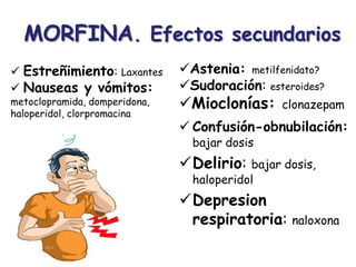 MORFINA. Efectos secundarios
 Estreñimiento: Laxantes      Astenia: metilfenidato?
 Nauseas y vómitos:           Sudoración: esteroides?
metoclopramida, domperidona,   Mioclonías:    clonazepam
haloperidol, clorpromacina
                                Confusión-obnubilación:
                                 bajar dosis
                               Delirio: bajar dosis,
                                 haloperidol
                               Depresion
                                respiratoria:    naloxona
 