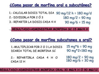 ¿Como pasar de morfina oral a subcutánea?
     1.- CALCULAR DOSIS TOTAL DIA 90 mg/12 h = 180 mg/d
     2.- DIVIDIRLA POR 2 Ó 3          180 mg/2 = 90 mg
     3.- REPARTIR LA DOSIS CADA 4 H       90 mg/6 = 15 mg

       RESULTADO=ADMINISTRAR MORFINA SC 15 MG/4 H


     ¿Como pasar de morfina subcutanea a oral?
      1.-MULTIPLICAR POR 2 O 3 LA DOSIS   15 mg*6 = 90 mg
      DIARIA TOTAL DE MORFINA SC          90 mg*2=180 mg

      2.- REPARTIRLA CADA 4 H O           180 mg/2 = 90 mg
      CADA 12 H                           180 mg/6 = 30 mg

RESULTADO=ADMINISTRAR MORFINA ORAL 30 MG/4 H Ó 90 MG/12 H
 