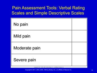 16Copyright © 2011, 2003, 2000, 1994 by Mosby, Inc., an affiliate of Elsevier Inc.
Pain Assessment Tools: Verbal Rating
Scales and Simple Descriptive Scales
 