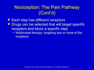 5Copyright © 2011, 2003, 2000, 1994 by Mosby, Inc., an affiliate of Elsevier Inc.
Nociception: The Pain Pathway
(Cont’d)
 Each step has different receptors
 Drugs can be selected that will target specific
receptors and block a specific step
 Multimodal therapy: targeting two or more of the
receptors
 