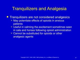 61Copyright © 2011, 2003, 2000, 1994 by Mosby, Inc., an affiliate of Elsevier Inc.
Tranquilizers and Analgesia
 Tranquilizers are not considered analgesics
 May potentiate effects of opioids in anxious
patients
 Useful in calming the excitement sometimes seen
in cats and horses following opioid administration
 Cannot be substituted for opioids or other
analgesic agents
 