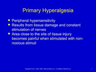 7Copyright © 2011, 2003, 2000, 1994 by Mosby, Inc., an affiliate of Elsevier Inc.
Primary Hyperalgesia
 Peripheral hypersensitivity
 Results from tissue damage and constant
stimulation of nerves
 Area close to the site of tissue injury
becomes painful when stimulated with non-
noxious stimuli
 